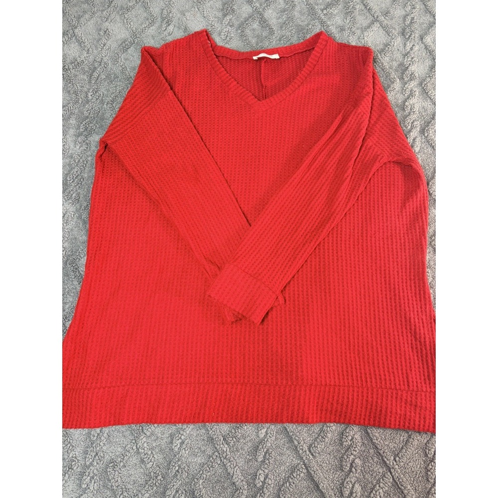 Zenana Thermal Top Women 1X Red Waffle Knit Long Sleeve Split Neck Pullover